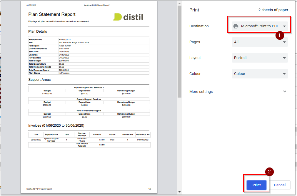 Printing the Plan Statement Report Help