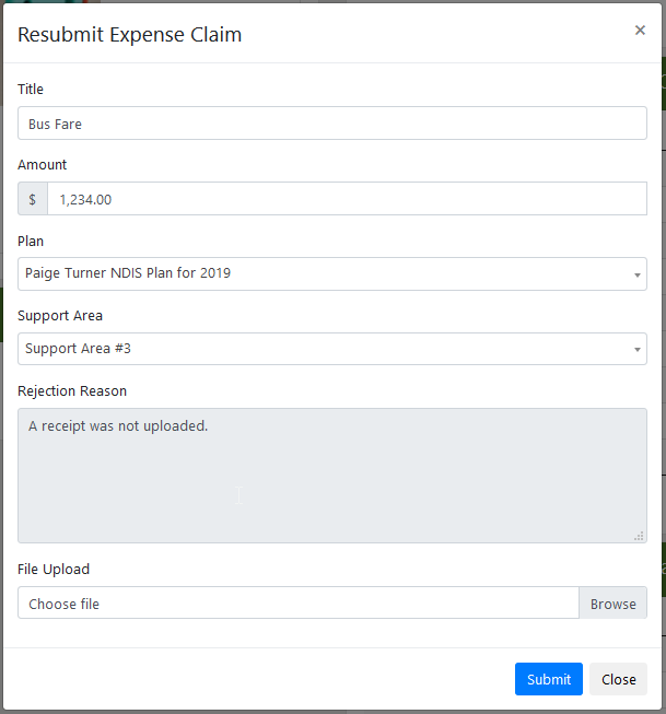 Resubmit an Expense Claim in a Popup Window